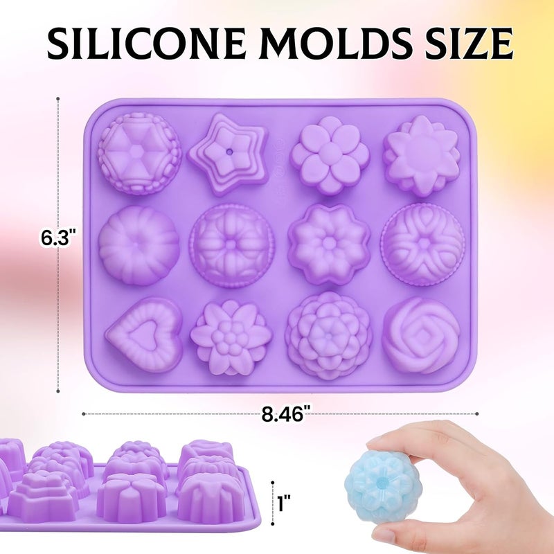SJ Silicone Soap Molds 2 Packs, Flower Soap Molds for Soap Making,12 Cavities Different Shapes Mold for Craft Soap, Jelly, Chocolate, Candy, Lotion Bar, Bath Bombs & Ice Cube(Purple & Pink) - Image 3